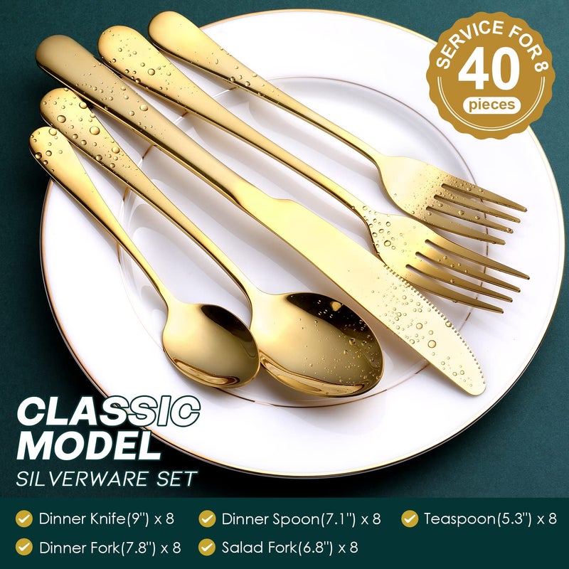 OGORI Gold Silverware Set, OGORI 40-Piece Food Grade Stainless Steel Gold Flatware Set, Kitchen Utensil Set Service for 8, Mirror Polished Tableware Cutlery Set for Home and Restaurant, Dishwasher Safe - Image 2